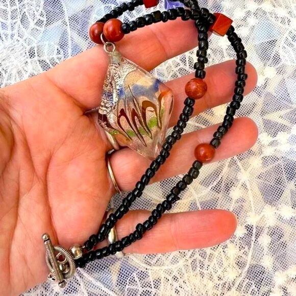 Vintage Art Glass & Genuine Red Jasper Stone Seed Bead Choker Necklace - Picture 12 of 12